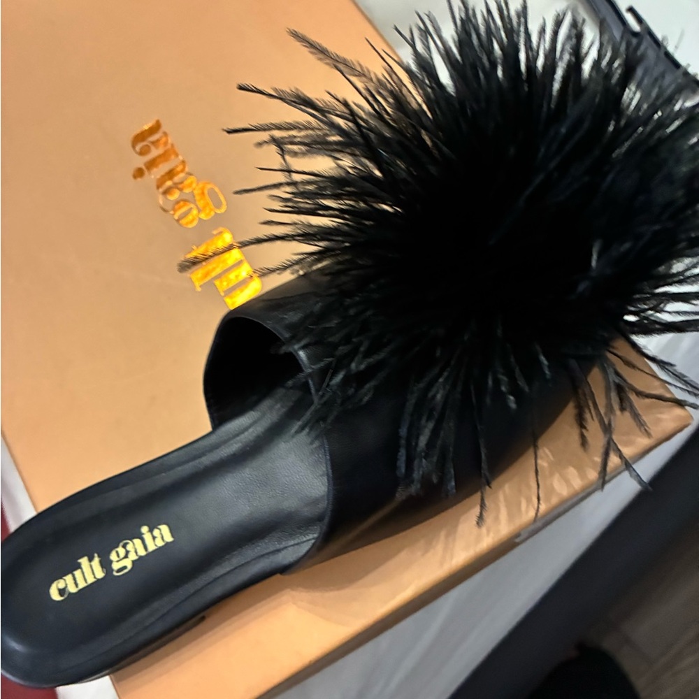 Cult Gaia Black Feathered Mules